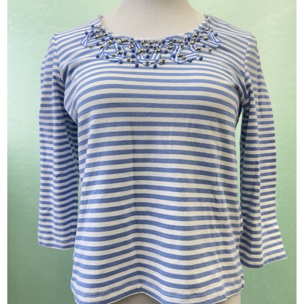 Ruby Rd. Women's Striped Blue & White V-Neck 3/4 Sleeve Top Size PM